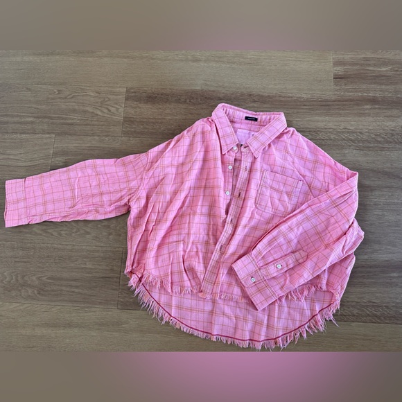 R13 Drop Neck Cropped Cotton Shirt - overdyed Fucsia Plaid/ Pink Size S - Picture 1 of 11